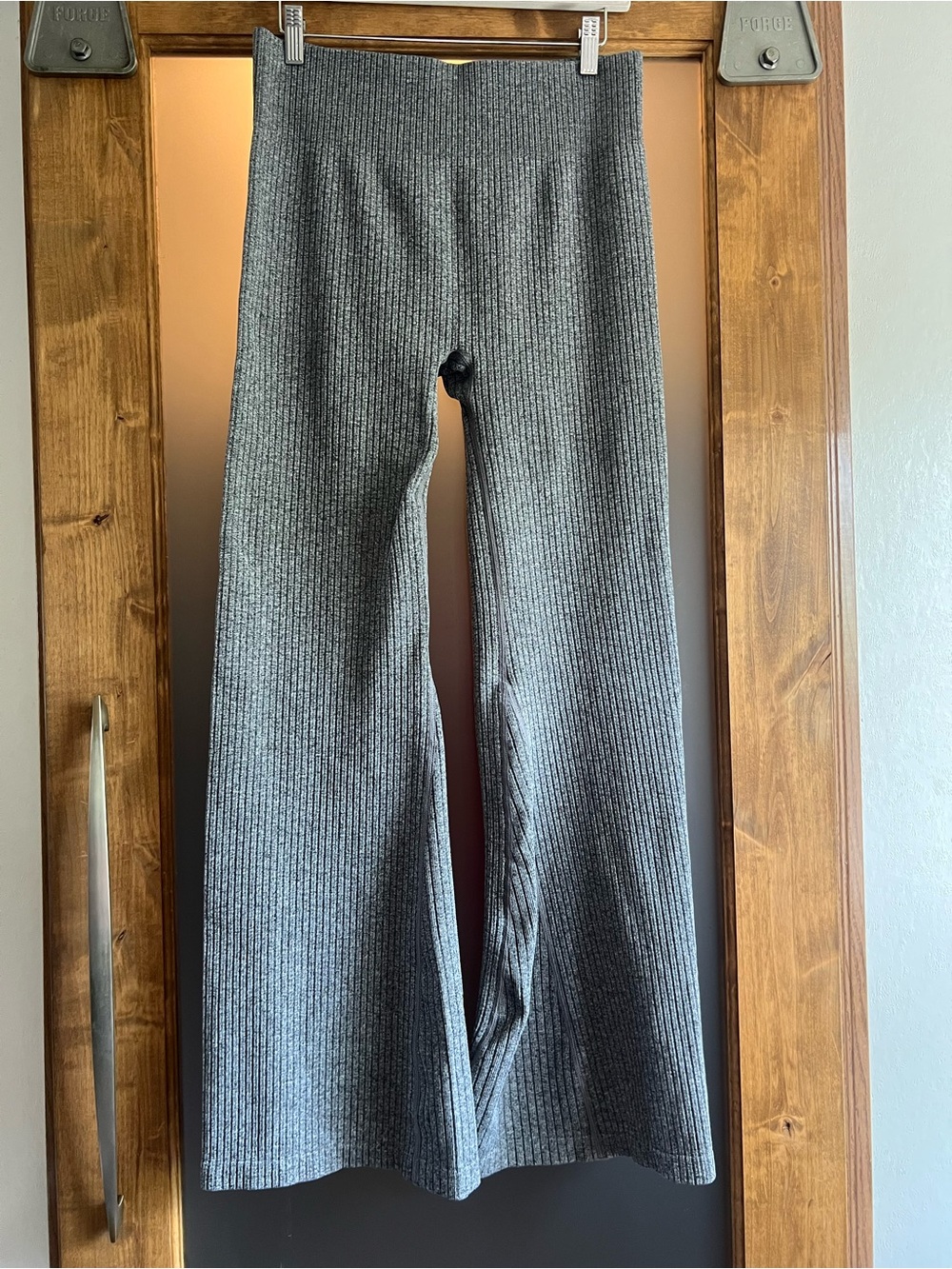 Ribbed High-Waist Flare Pants - Gray